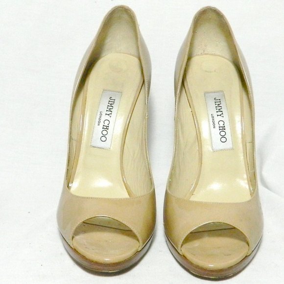 Jimmy Choo Tan Nude Patent Leather Peep Toe EU 39 - Picture 2 of 9